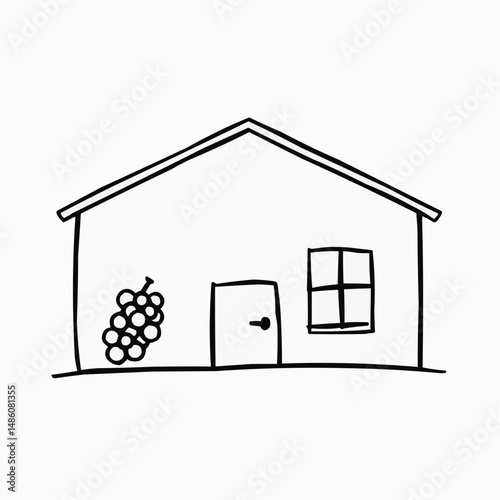 Children's drawing of a house and grapes.