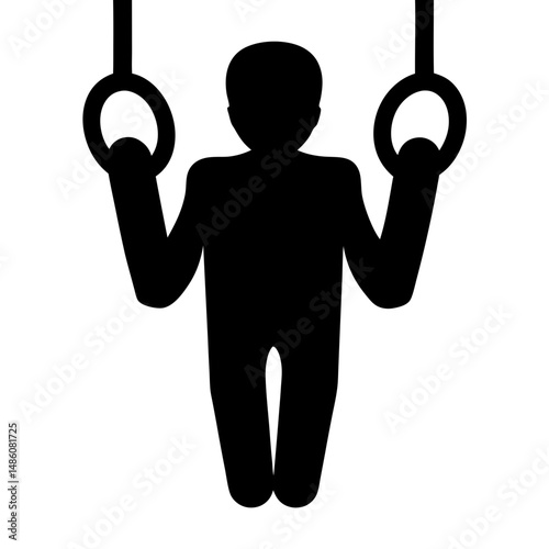 Silhouette of a gymnast performing on still rings in a gym