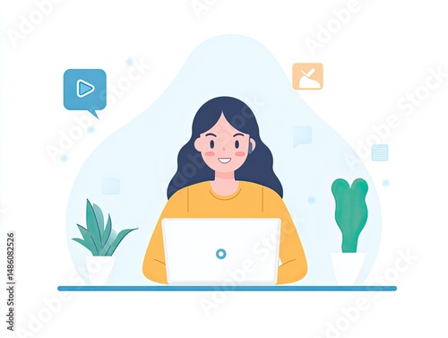 A cheerful young woman working on a laptop in a bright, modern workspace, surrounded by green plants and digital icons, illustrating remote work and productivity