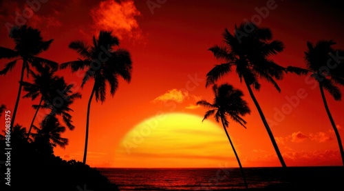 Tropical coast at sunset. Silhouetted palms contrast the bright sun and deep red sky over the ocean.