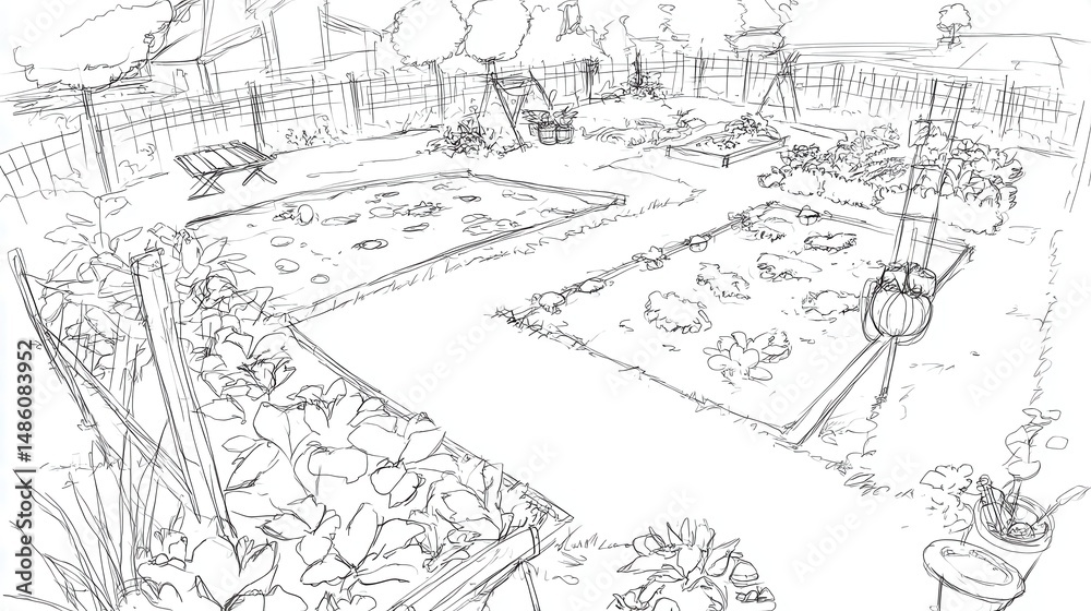 Hand-drawn sketch of a meticulously planned garden. Hand-drawn sketch of a meticulously planned garden.