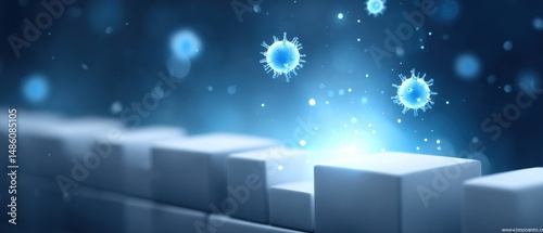 Digital illustration of viruses or bacteria floating over abstract, glowing blocks in a blue, futuristic environment.