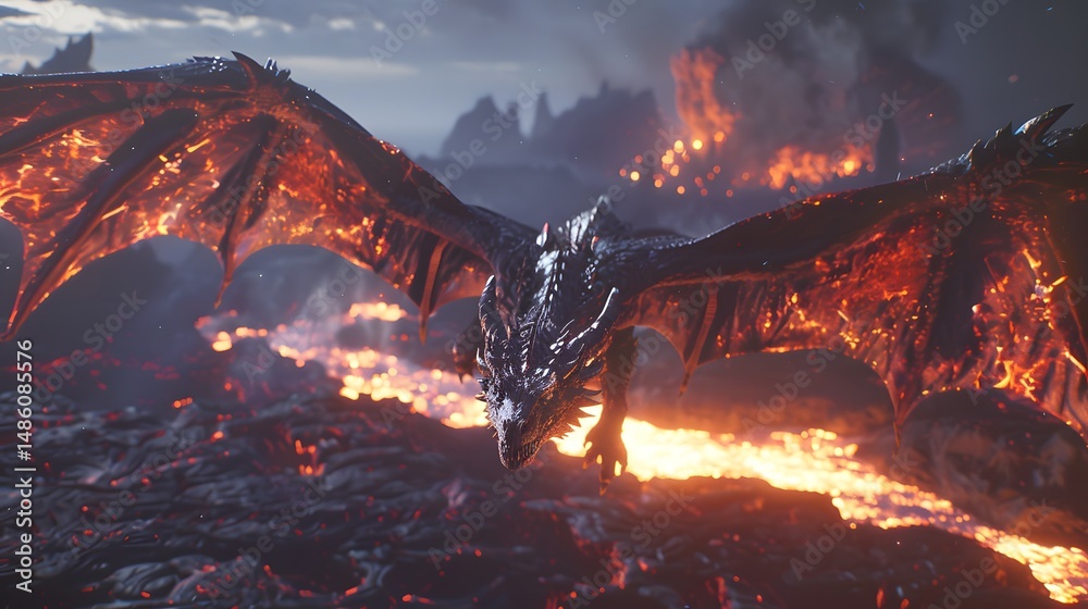 Naklejka premium Black Dragon Soaring Over a Magma Sea