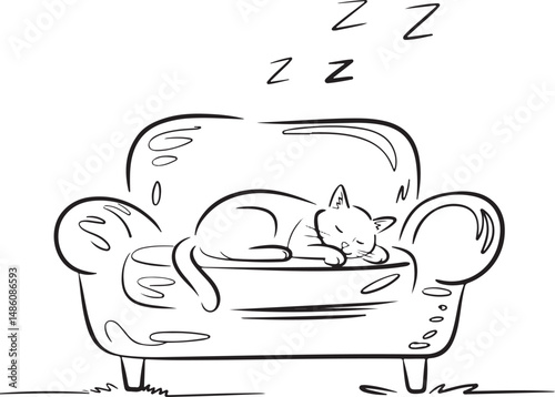 Minimalist line art of a cozy living room with a sleeping cat on the couch, continuous one line drawing, black lines on white background

