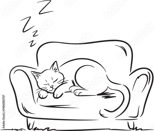 Minimalist line art of a cozy living room with a sleeping cat on the couch, continuous one line drawing, black lines on white background

