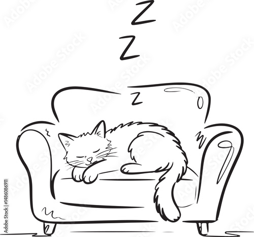 Minimalist line art of a cozy living room with a sleeping cat on the couch, continuous one line drawing, black lines on white background

