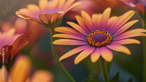 Artistic Orange Pink Daisies Close-up - English Garden Bloom with Soft Bokeh Background


