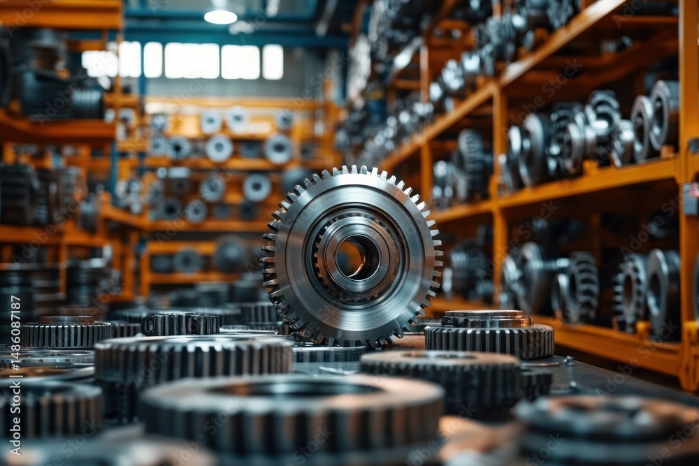 Fototapeta premium Close-up of shiny metal gear parts arranged on a surface with numerous gears stored on industrial orange shelving in the background inside a factory setting, conveying precision and engineering