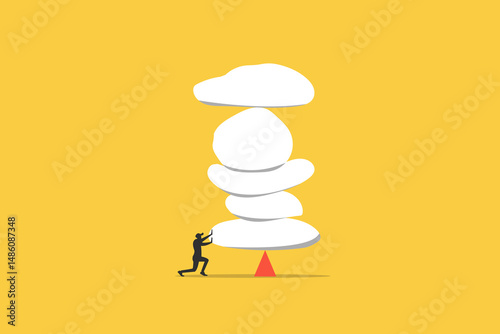 Businessman try stability heavy rock boulder. concept of Work responsibility, pressure or problem, debt burden or difficulty challenge, struggle, or overworked, effort or punishment