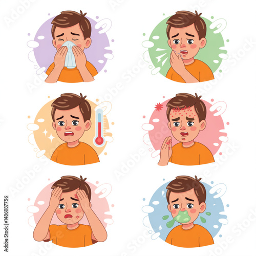 A set of vector illustrations young boy experiencing common cold or flu symptoms.