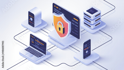 modern vector illustration of cybersecurity, featuring isometric devices such as a laptop, smartphone, desktop monitor, and server stack.