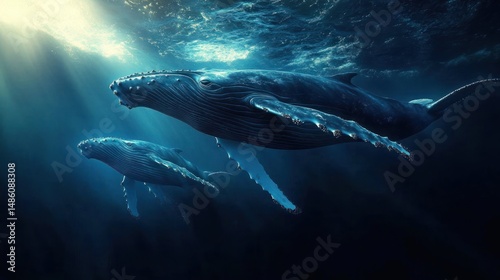 Two majestic humpback whales swimming gracefully underwater illuminated by rays of sunlight penetrating the deep blue ocean