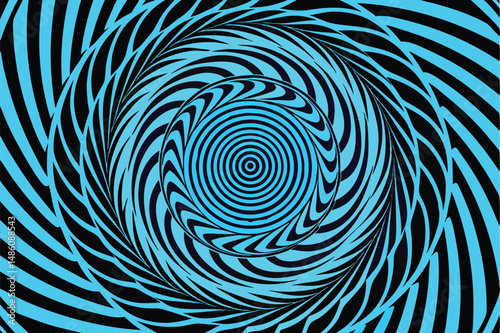 Abstract optical illusion with spiraling swirls of blue and black creating depth