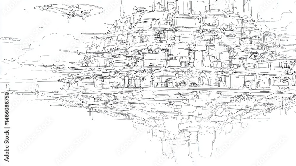 Fototapeta premium Floating cityscape design in linear style.