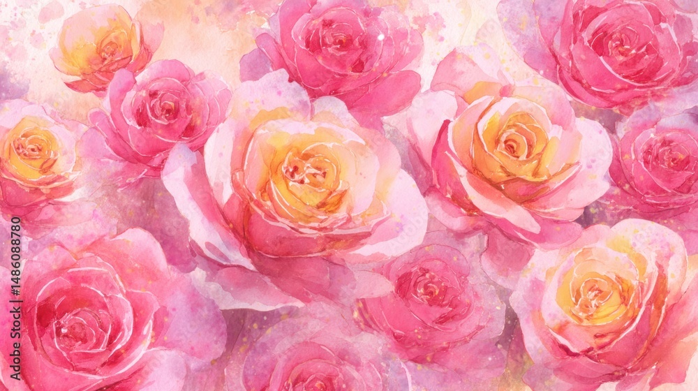 Fototapeta premium Delicate pink and yellow roses, a watercolor-style floral background