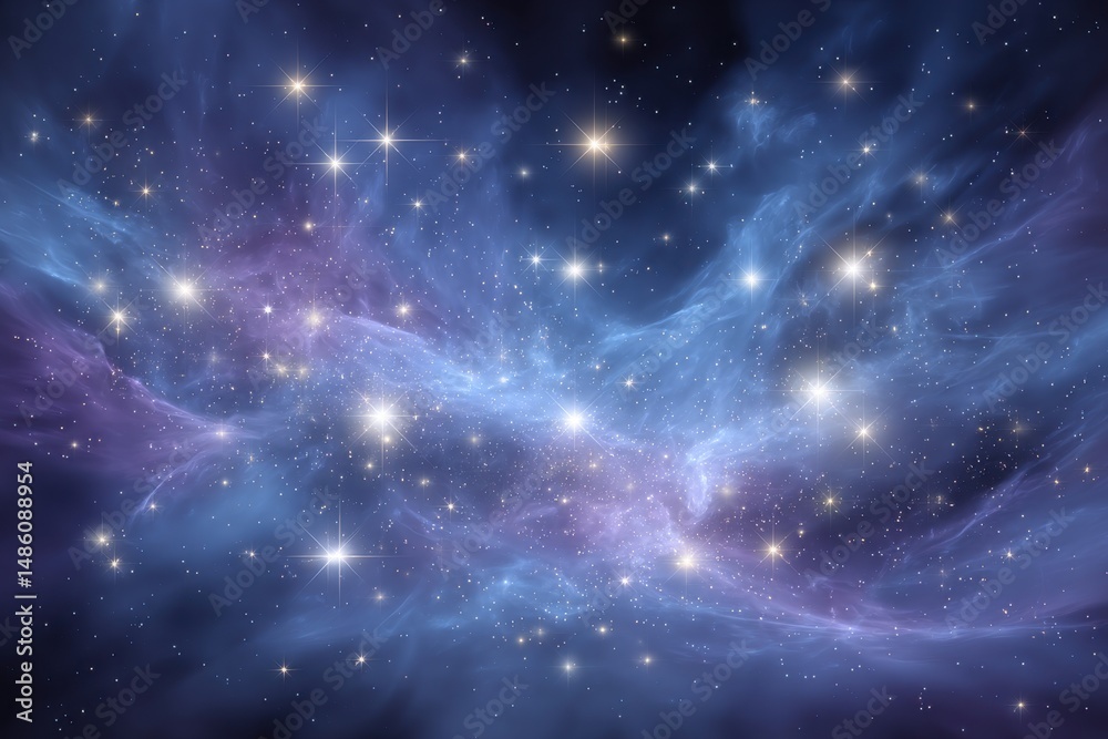 Naklejka premium A captivating view of a deep space nebula filled with bright stars and swirling clouds of vibrant blue and purple, creating a celestial masterpiece in the universe.