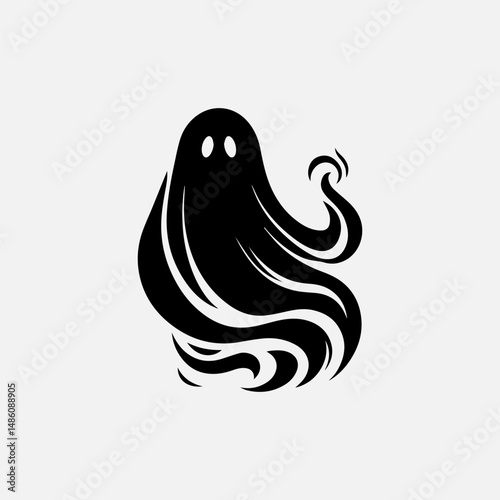 Stylish minimalist black ghost vector logo with flowing tattered bottom edge for Halloween themes  