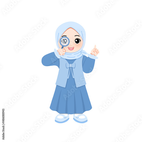Cute hijab girl holding magnifying glass