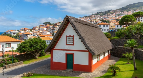 Wallpaper Mural Traditional Thatched Roof House on Hillside with Residential Town View Torontodigital.ca
