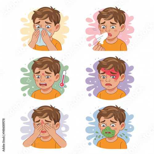 A set of vector illustrations young boy experiencing common cold or flu symptoms.