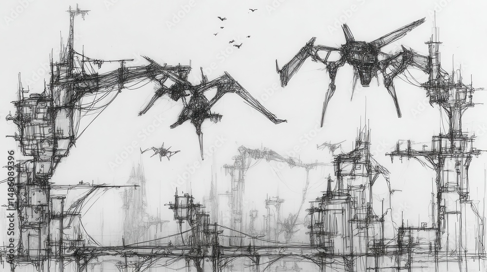 Obraz premium Intricate, futuristic cityscapes sketched in pencil.