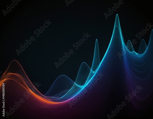 Vibrant abstract waveforms in blue, orange, and purple tones create a dynamic visual experience.