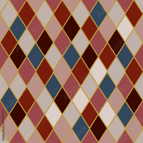Seamless harlequin diamond pattern in burgundy, blue, and pink, vector
