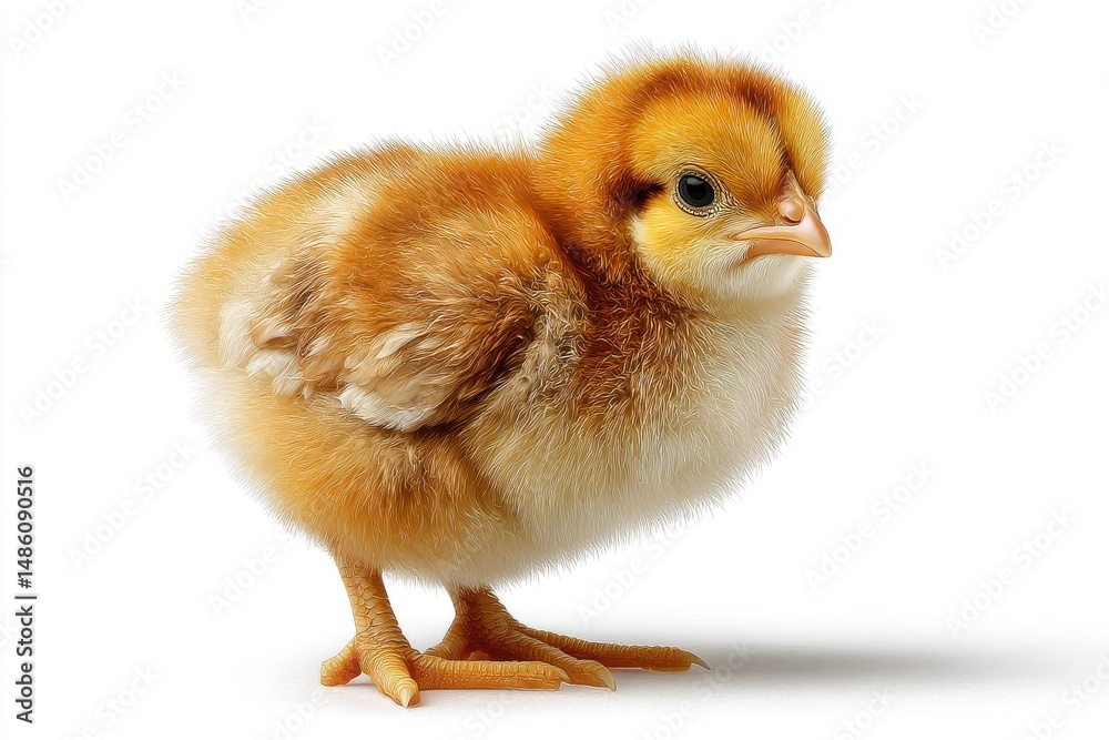 Fototapeta premium A fluffy baby chick with golden-brown feathers standing on a white surface looking curious, full body shot, cute animal, farm animal, poultry, newborn bird.