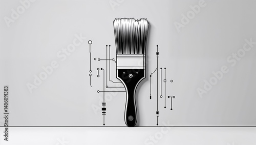 Bionic AI Paintbrush Icon with Circuit Board Handle and RGB Bristles – Digital Art and Tech Fusion 3D Render