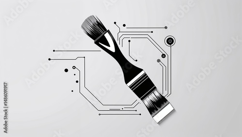 Bionic AI Paintbrush Icon with Circuit Board Handle and RGB Bristles – Digital Art and Tech Fusion 3D Render
