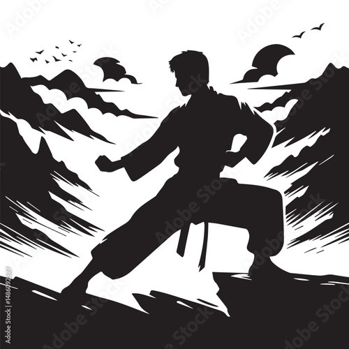 kungfu silhouette, editable vector image