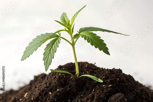 Cannabis seedling in fertile soil: A single, vibrant cannabis seedling emerges from a pile of rich, dark soil, showcasing the beauty and potential of new life and the nurturing power of the earth.