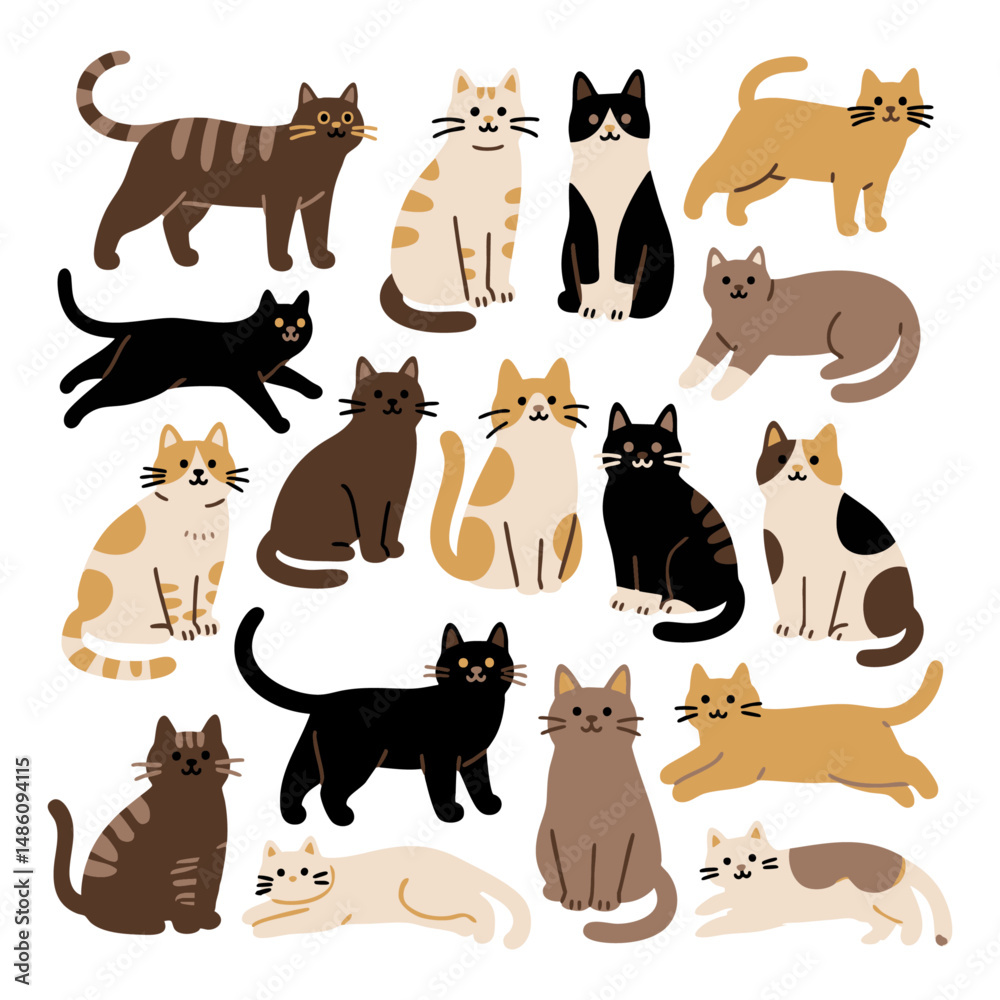Obraz premium Minimal Flat Cartoonish Cute Cat Collection Vector Illustration – Adorable Feline Characters, Seamless Cat Pattern for Stickers, Wallpaper, Fabric, Kids Decor and Pet-Themed Designs