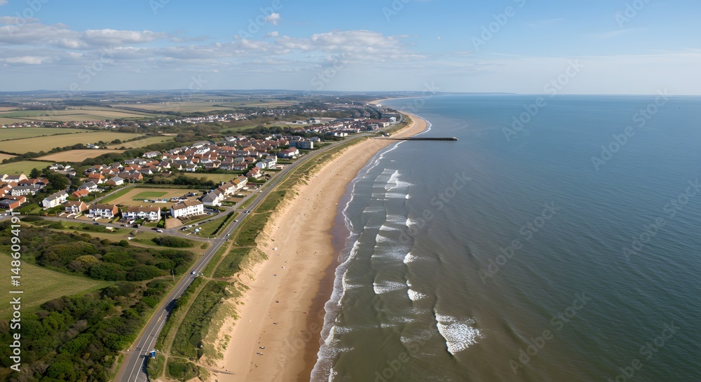 Fototapeta premium Coastal Town View from Above with Sandy Beach and Ocean Waves