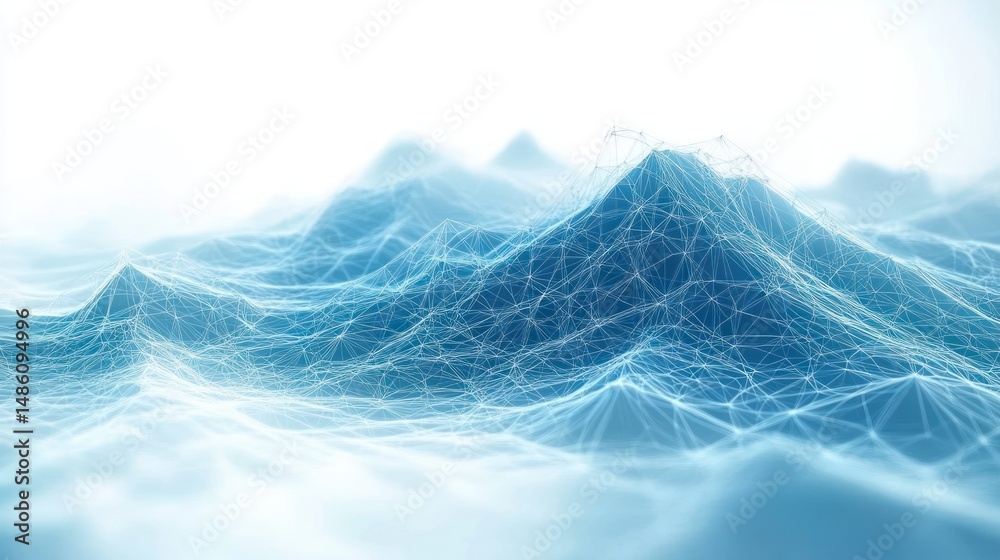 Obraz premium Abstract digital landscape with blue mountainous shapes formed by interconnected white network lines against a bright, soft background conveying a futuristic and technological atmosphere