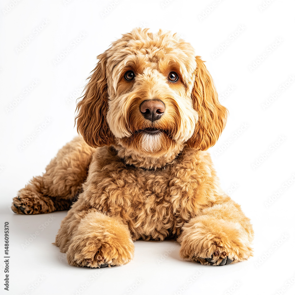 Fototapeta premium Goldendoodle Dog lying down and looking isolated on a white background 