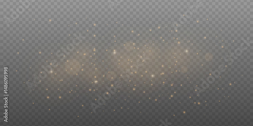Golden glitter and light burst with sparkling star effect. Abstract festive background with shiny bokeh, magic glow and warm flare. Vector dust particles and confetti for holiday or new year card.