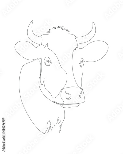 Minimalist continuous line art drawing of a cow head with horns front view sketch outline farm animal illustration isolated on white background
