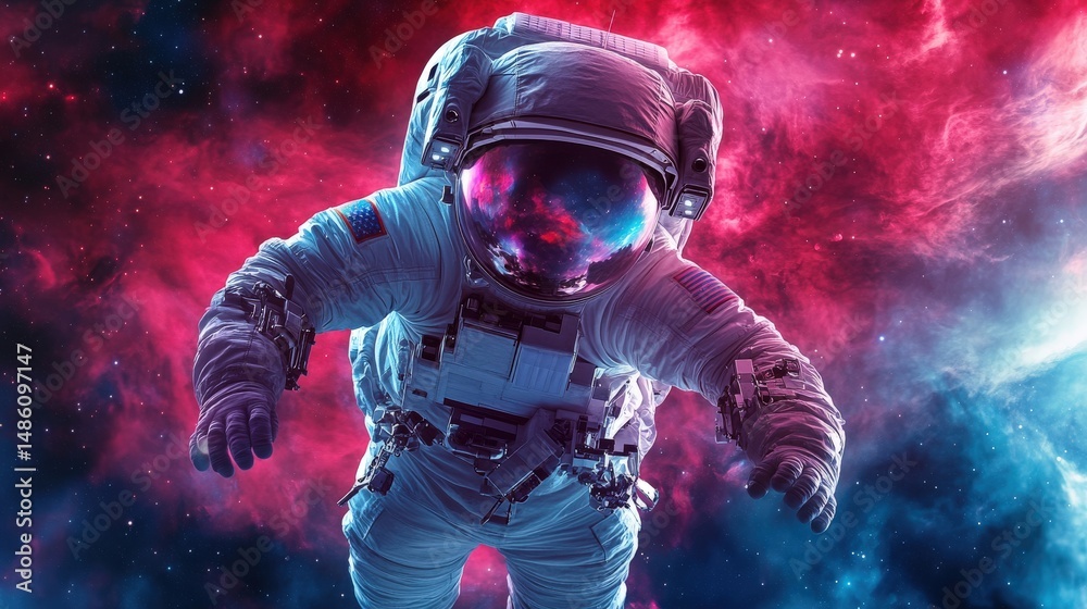 Fototapeta premium A levitating astronaut spinning weightlessly in an otherworldly nebula