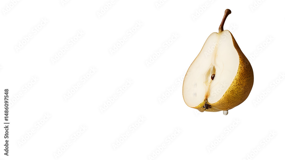 A halved pear with a stem and seeds on a transparent background in a studio shot with warm lighting A halved pear with a stem and seeds on a transparent background in a studio shot with warm lighting