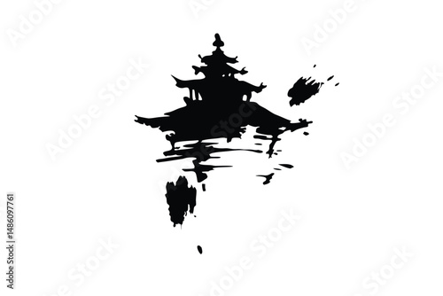 Silhouette of a japanese pagoda with abstract artistic brush strokes in black ink