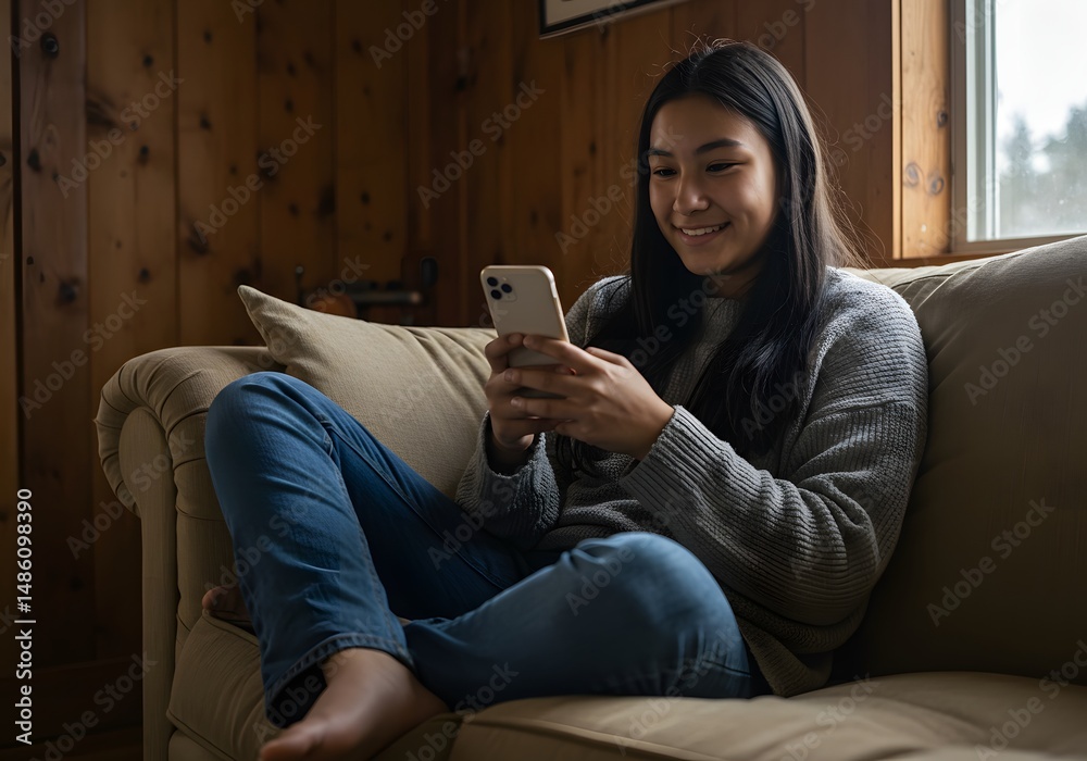 Obraz premium Woman using smartphone on couch
