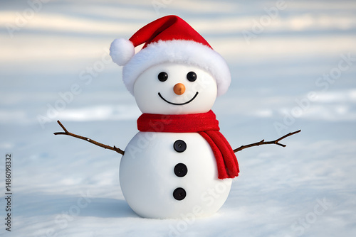 Whimsical Snowman in Winter Wonderland: A cheerful snowman, adorned with a festive red hat and scarf, stands proudly amidst a snowy landscape, evoking feelings of holiday warmth and joy.