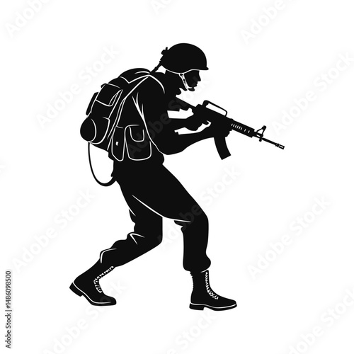 black soldier guns and backpack vector silhouette