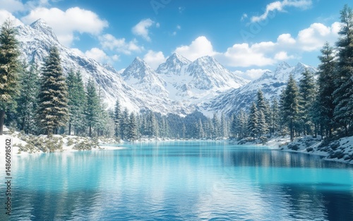 Serene winter landscape with a placid lake reflecting snow-capped mountains