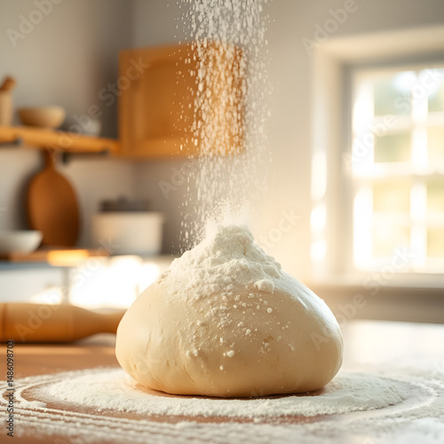 flour gently settling over round dough ball, sunlit kitchen interior, dreamy soft background photo