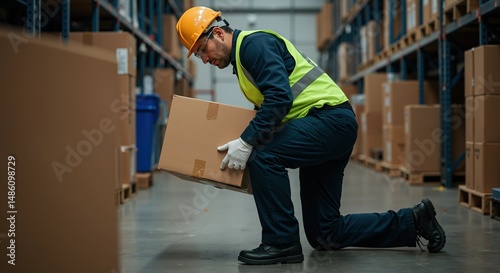 Warehouse worker kneeling to lift cardboard box using proper technique. Workplace safety and ergonomic lifting. Manual material handling and back injury prevention. Occupational health guidelines