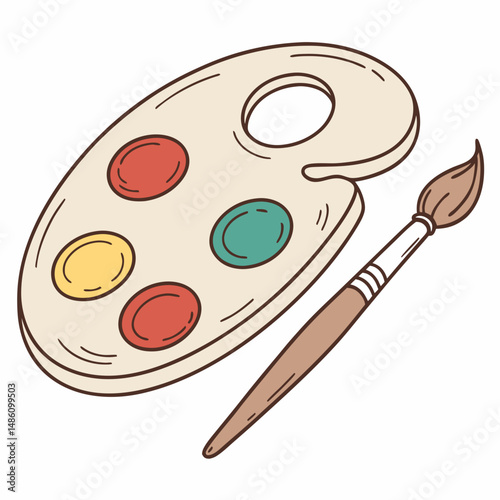 Palette and Brush: A charming illustration of a classic painter's palette, adorned with vibrant dollops of paint, alongside a poised brush. a symphony of artistic potential, ideal for projects.