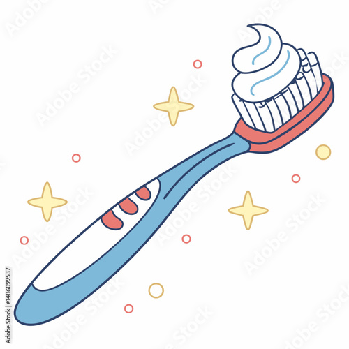 Toothbrush and Toothpaste: A close-up illustration depicts a vibrant, clean toothbrush laden with toothpaste, perfect for dental care.
