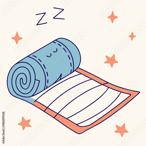 Cozy Camp Roll: Capture the cozy camp roll, a whimsical cartoon depiction of a roll with stars and "zz" symbols, conjuring a feeling of tranquil relaxation and peaceful night's sleep.
